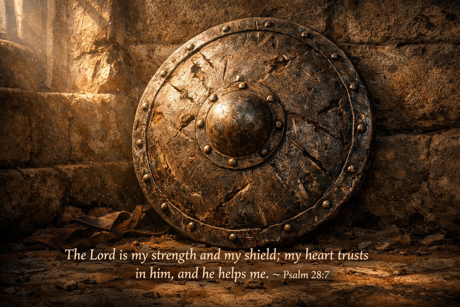 Bible verse wallpaper Psalm 28:7 with ancient round shield with battle marks and dents propped against wall in morning light